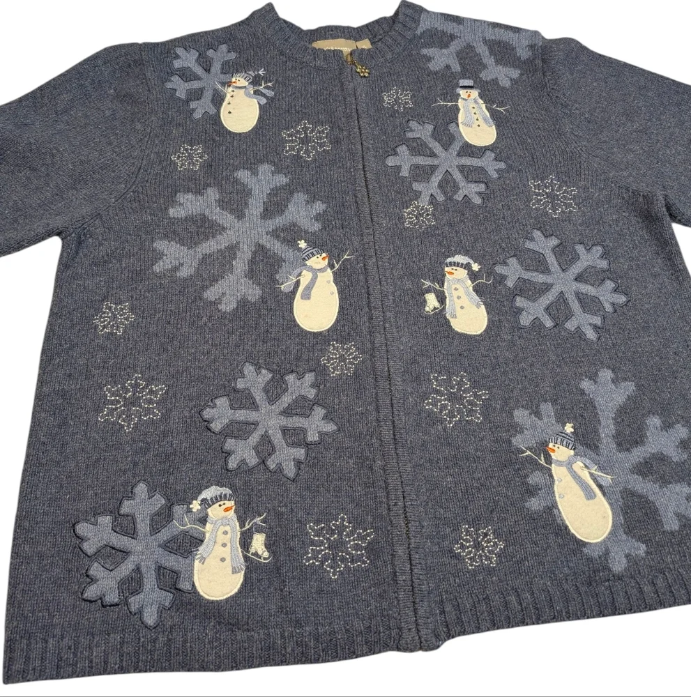 Croft & Barrow Embroidered Winter Snowmen & Snowflakes Zip Sweater Jacket. XL